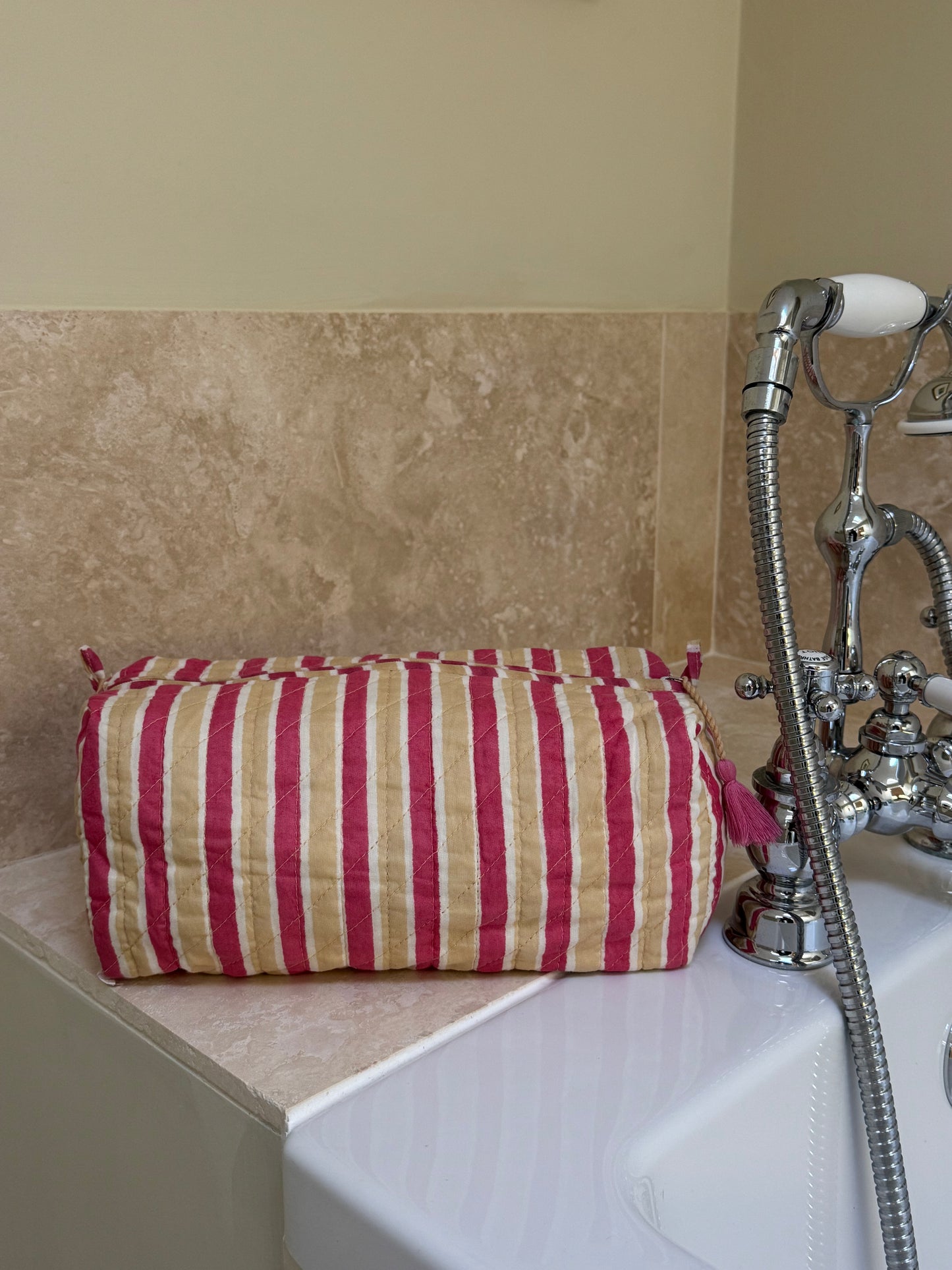 'Pink and Ochre Stripes' Block Printed Sponge Bag/Washbag