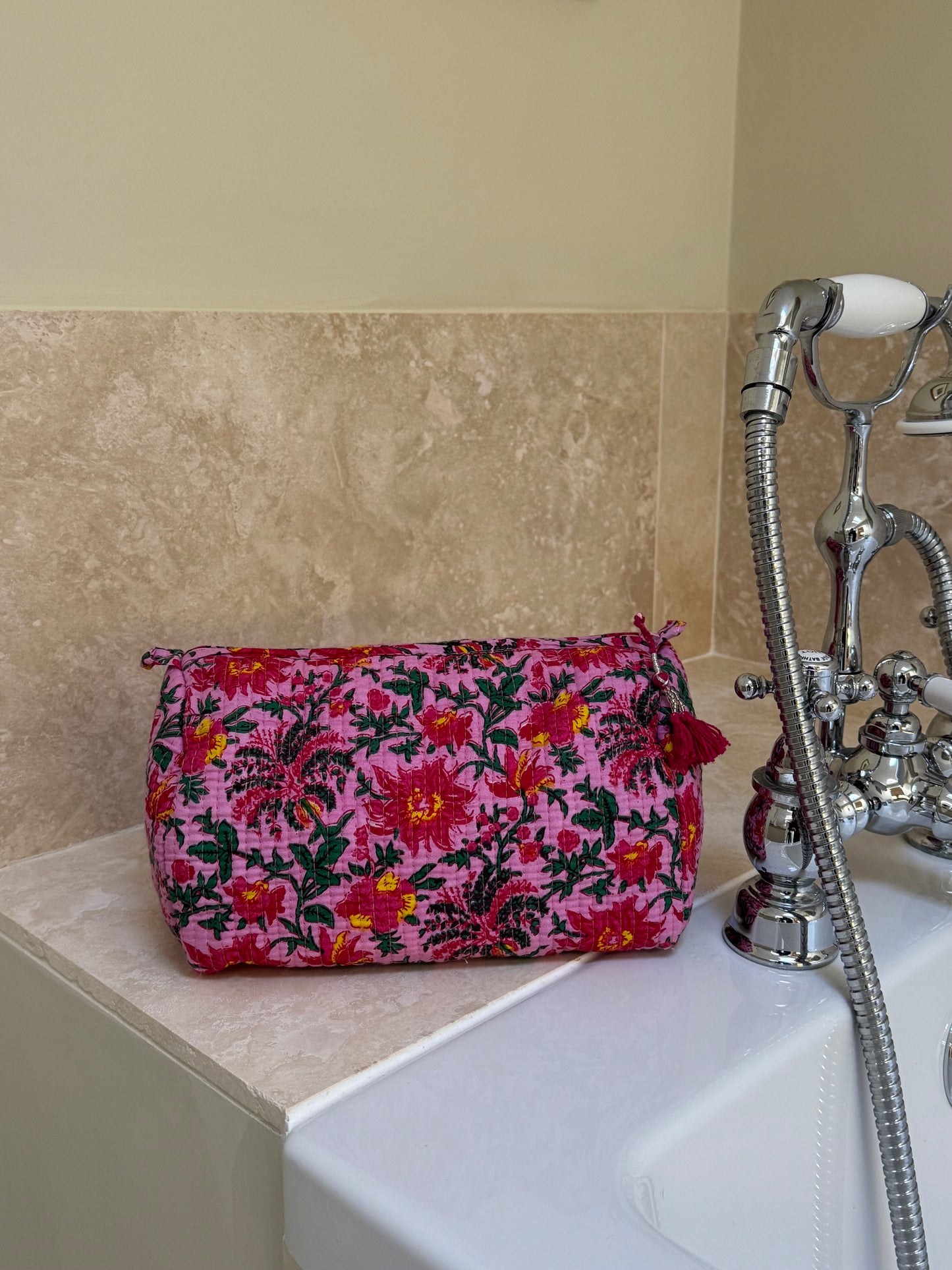 'Vivid Pink Fauna' Block Printed Sponge Bag/Washbag