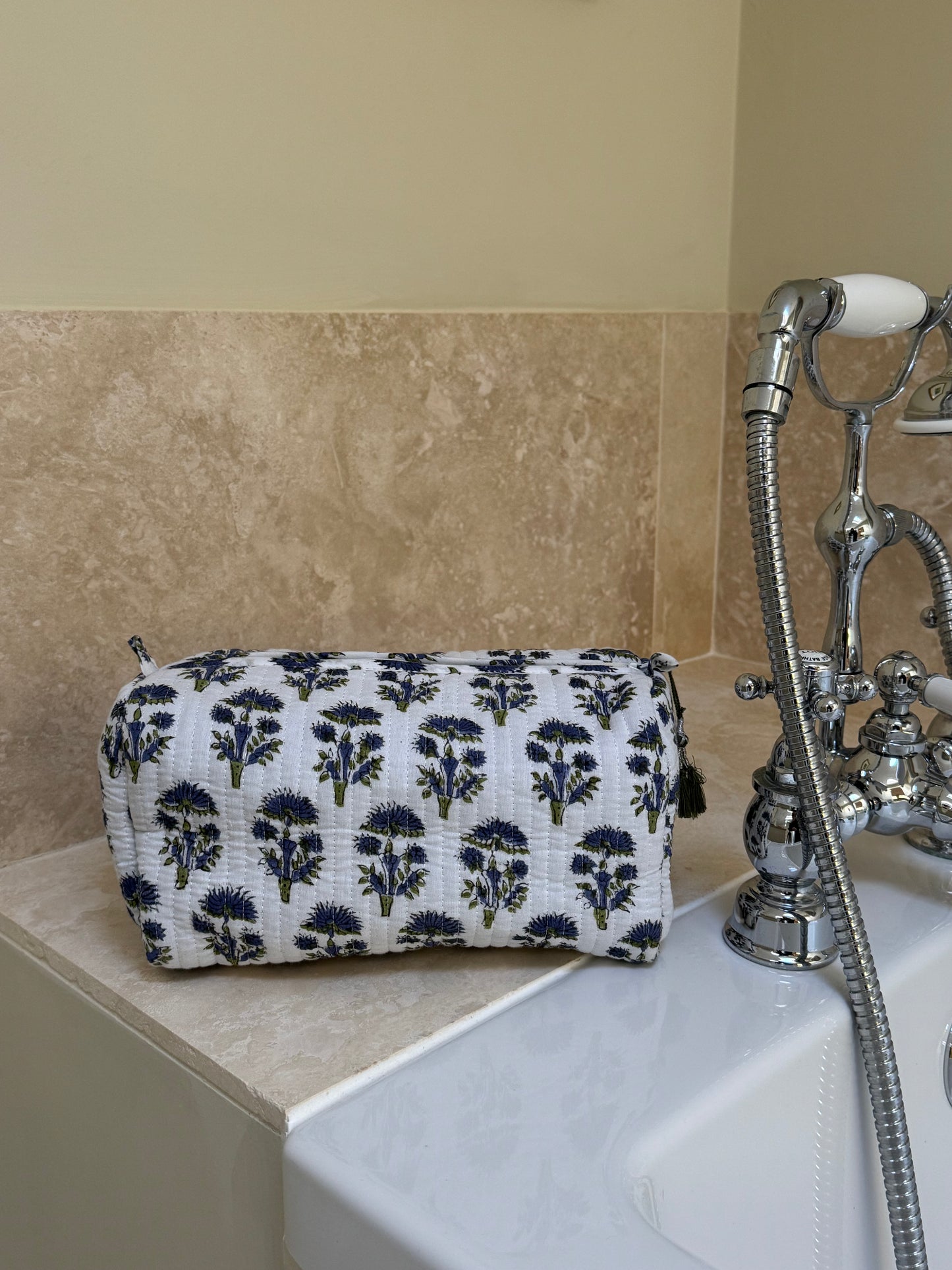 'Blue and Greeen Flower' Block Printed Sponge Bag/Washbag