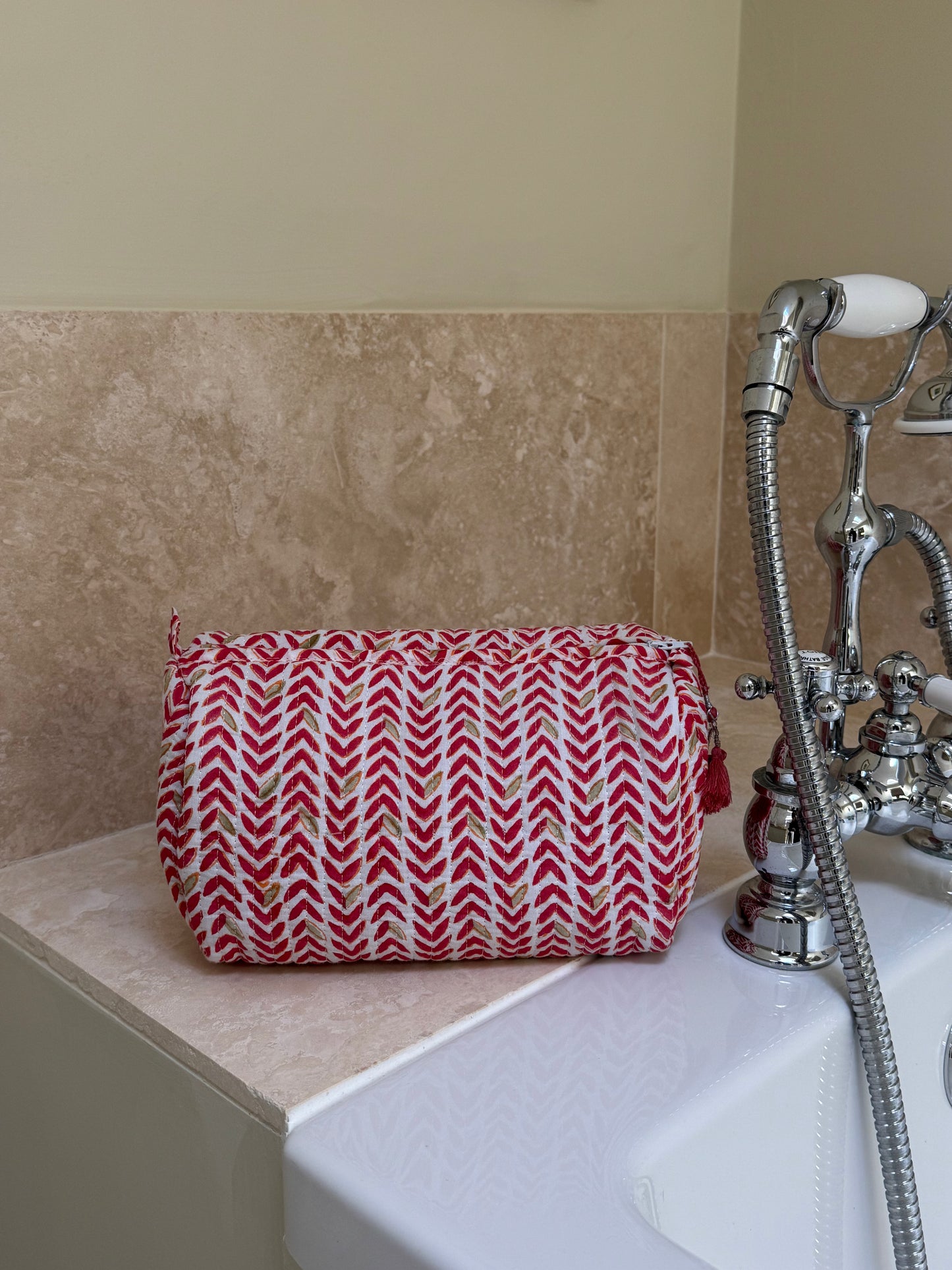'Red Orzo' Block Printed Sponge Bag/Washbag