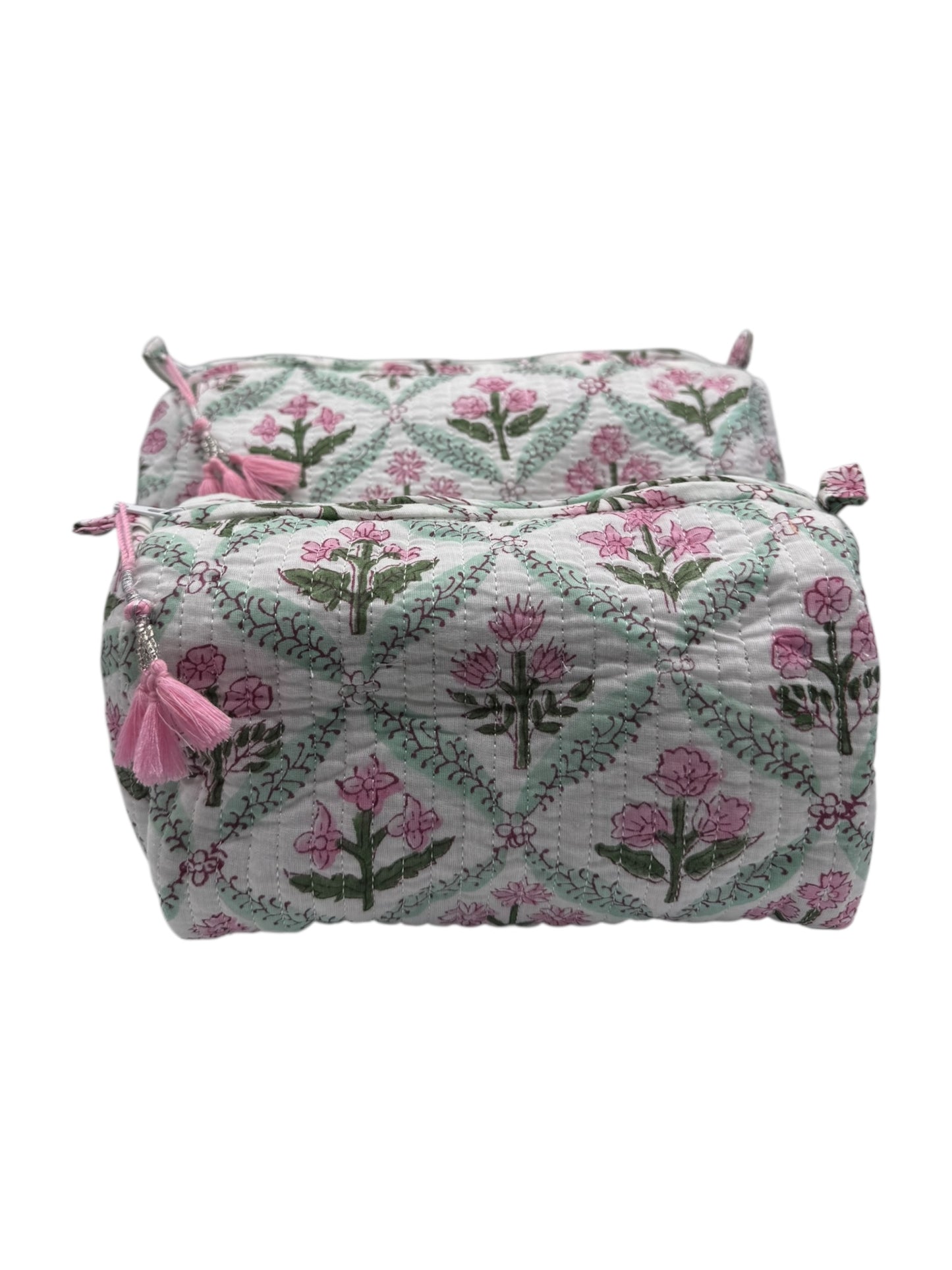 'Green Trellis' Block Printed Sponge Bag/Washbag