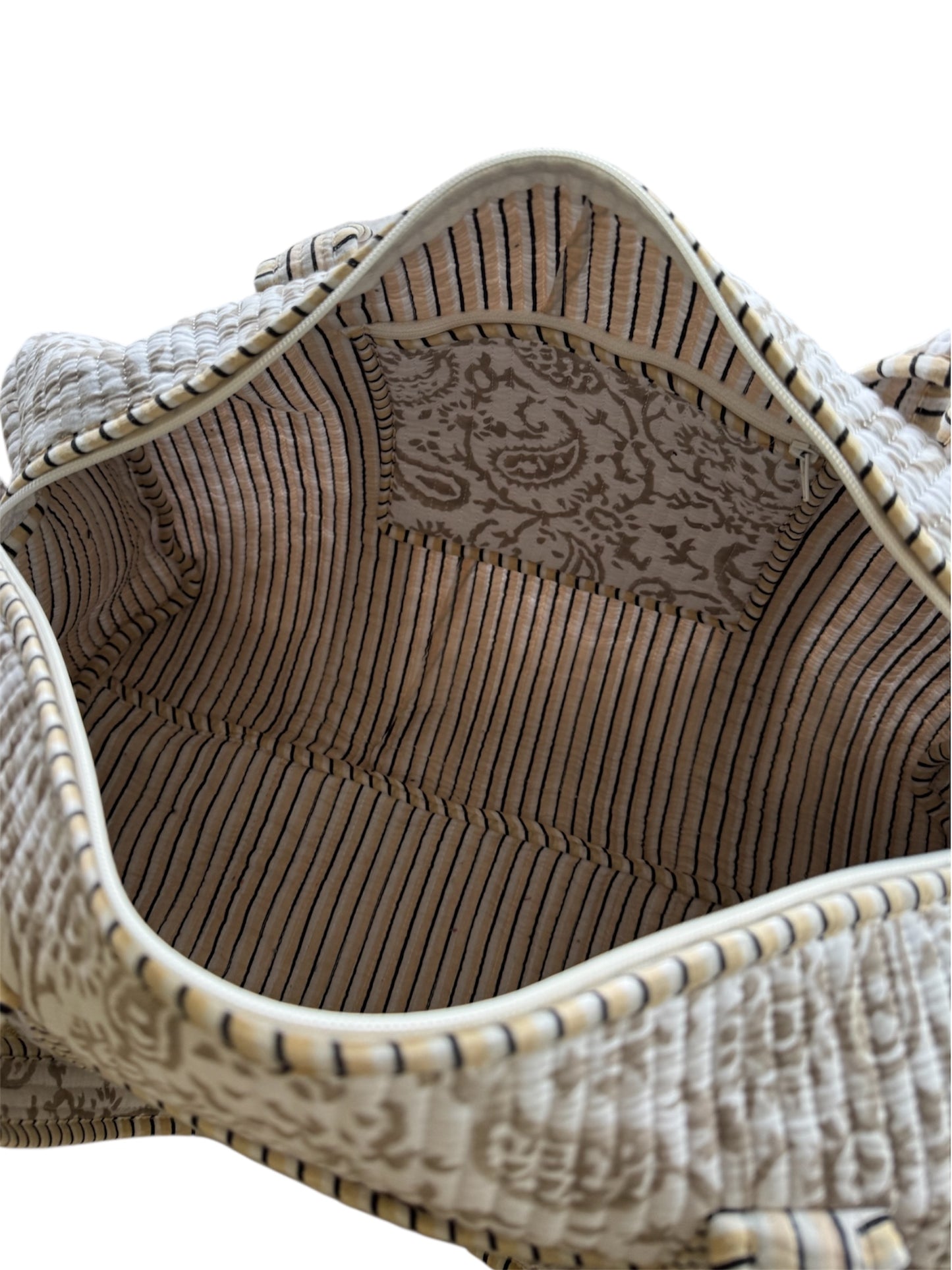 'Beige Trellis' Block Print Overnight Bag