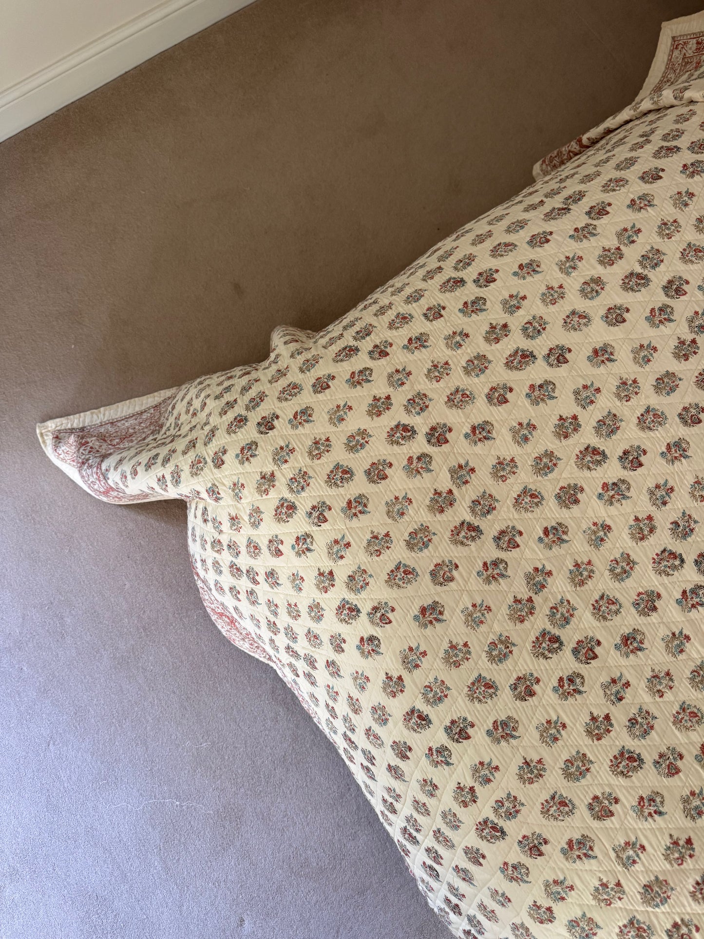 Hand block-printed king size bedspread in antiqued Provençal blue & red shrub print, 100% cotton