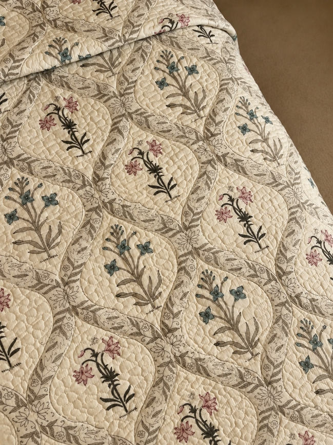 Antiqued Pink & Blue Flower Bedspread/Quilt