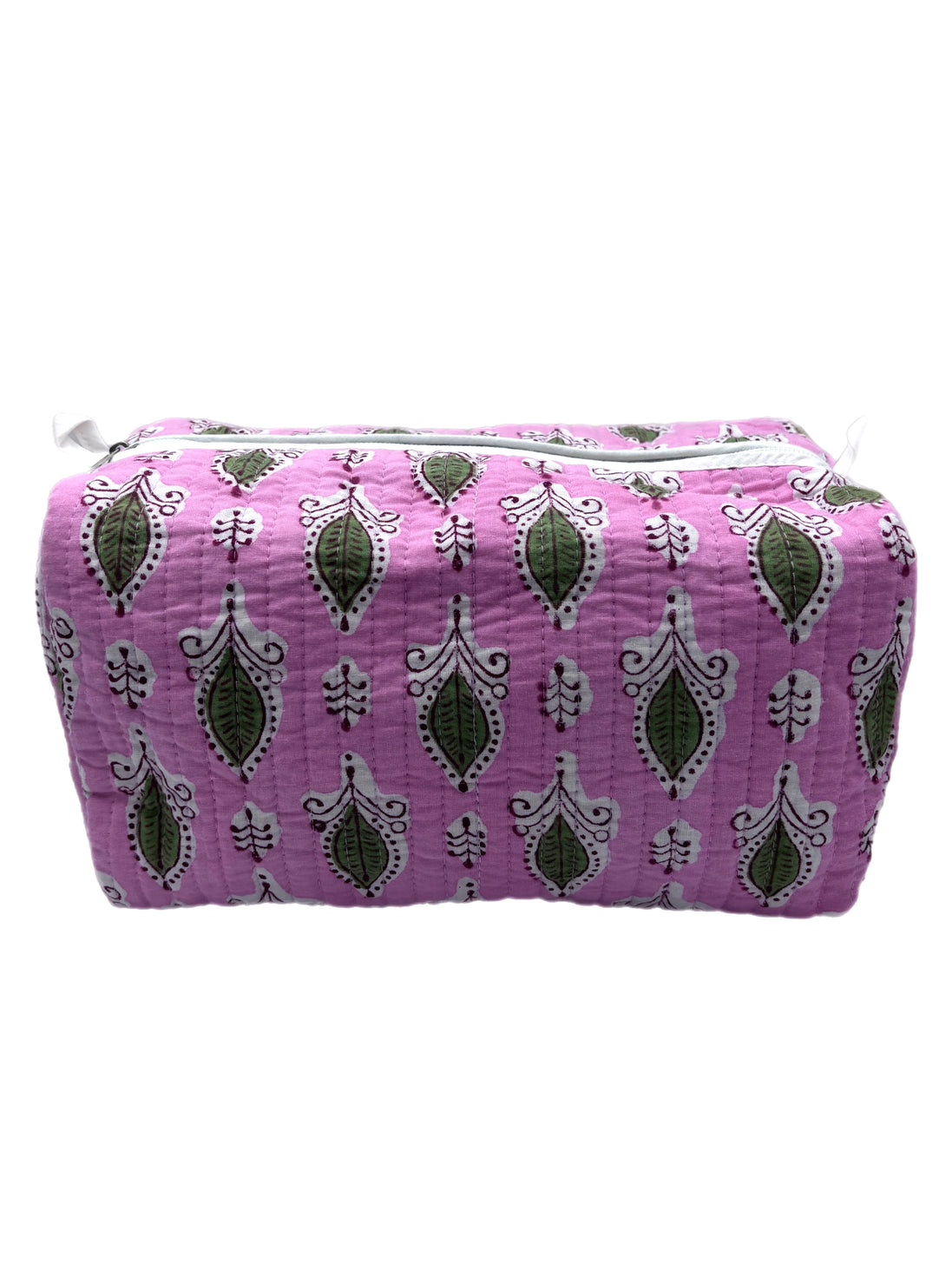 'Pink and Green Foliage' Block Printed Sponge Bag/Washbag