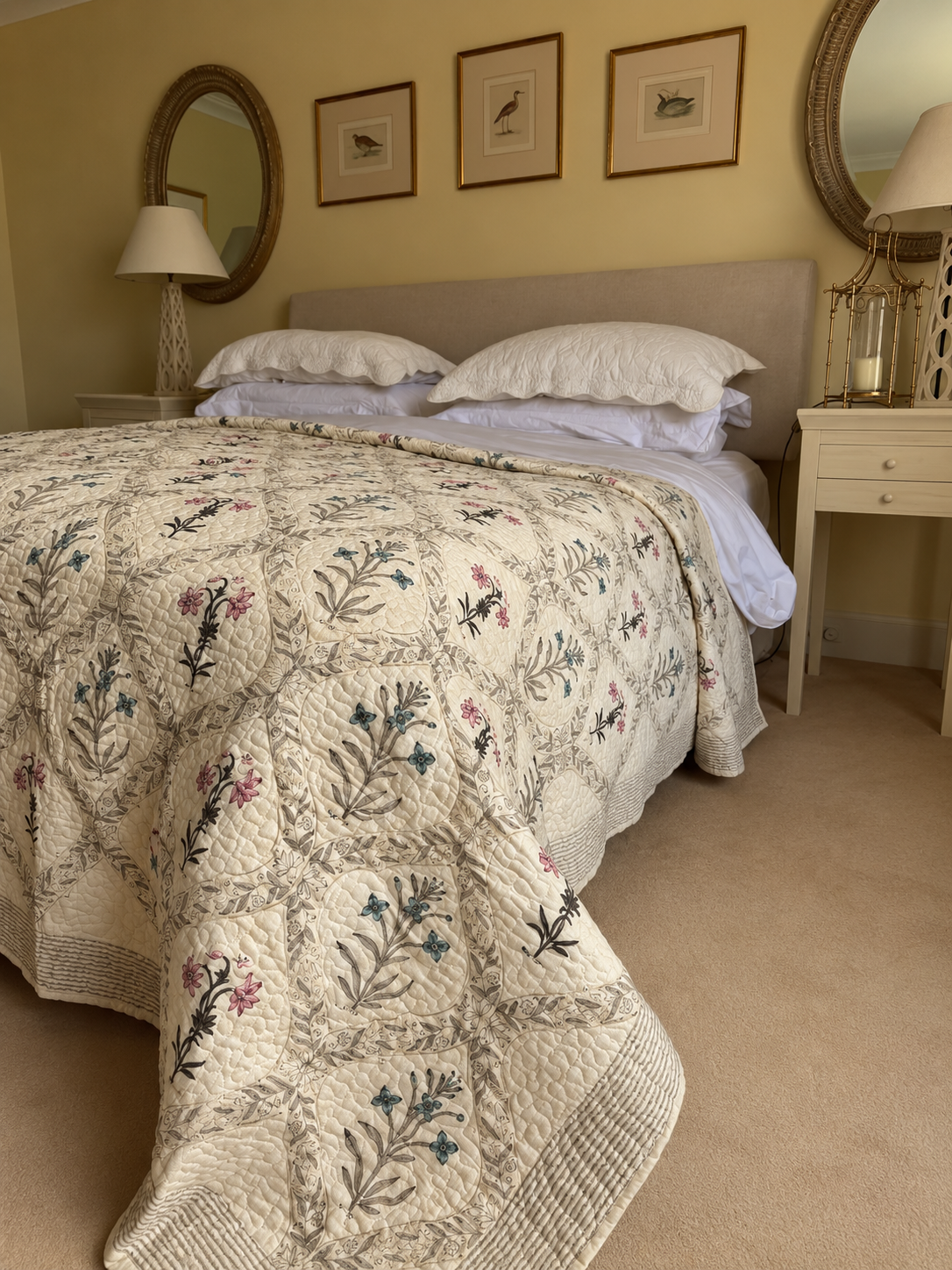 Antiqued Pink & Blue Flower Bedspread/Quilt