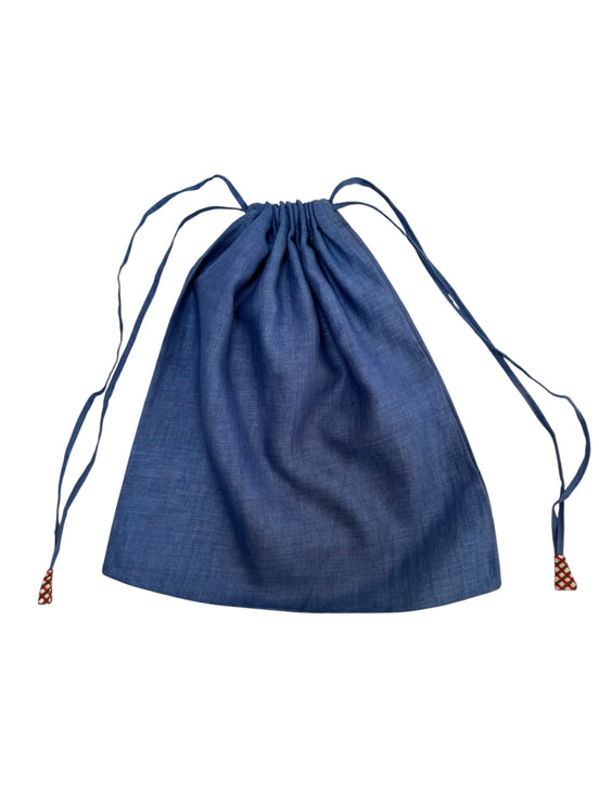 Blue Linen Drawstring Bag