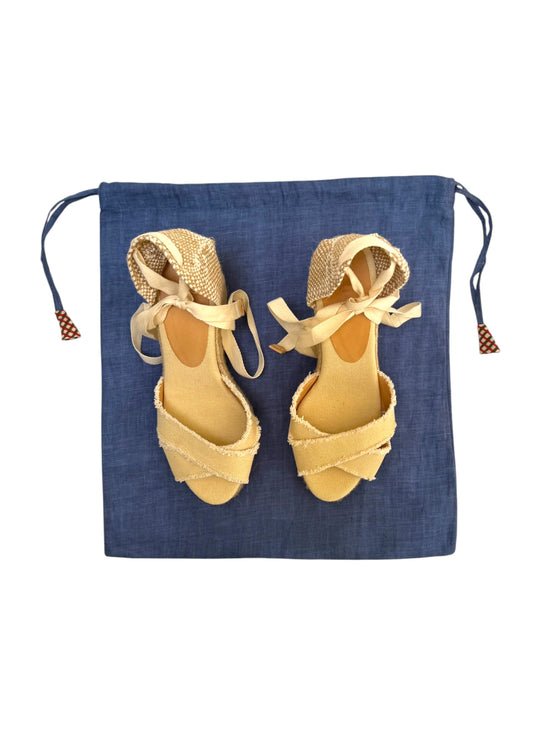 Blue Linen Drawstring Bag
