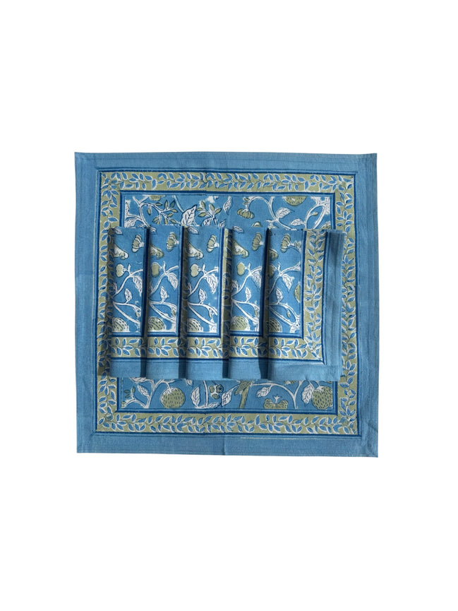 Blue Strawberry & Parrot Block Print Napkins (Set of 6)