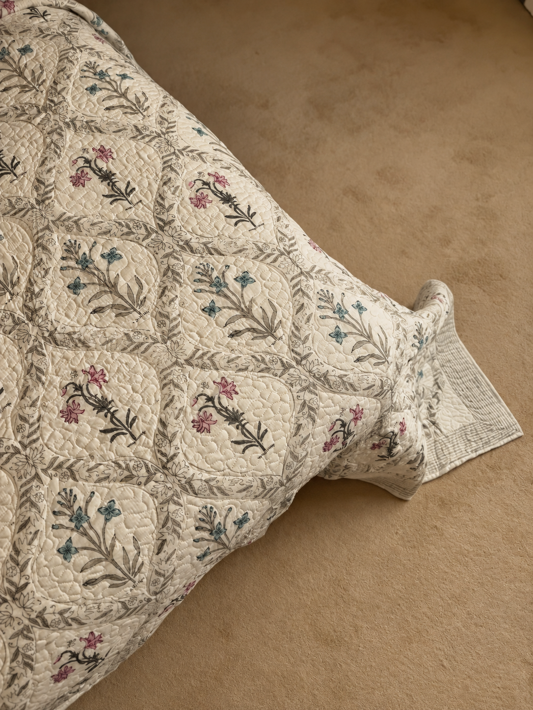 Antiqued Pink & Blue Flower Bedspread/Quilt