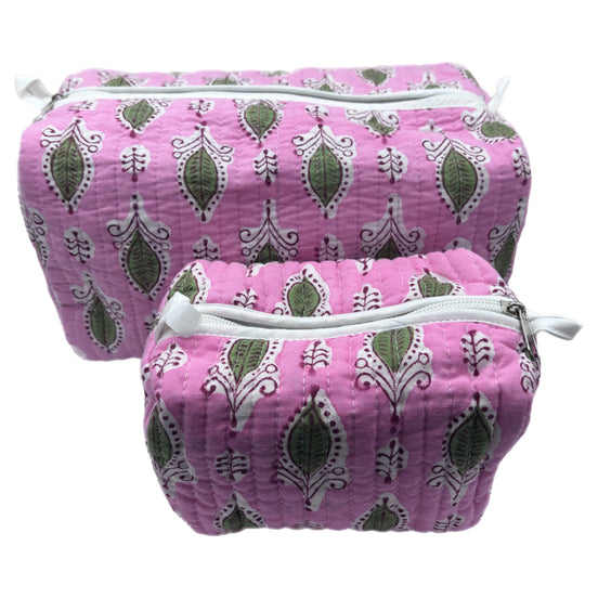 'Pink and Green Foliage' Block Printed Sponge Bag/Washbag
