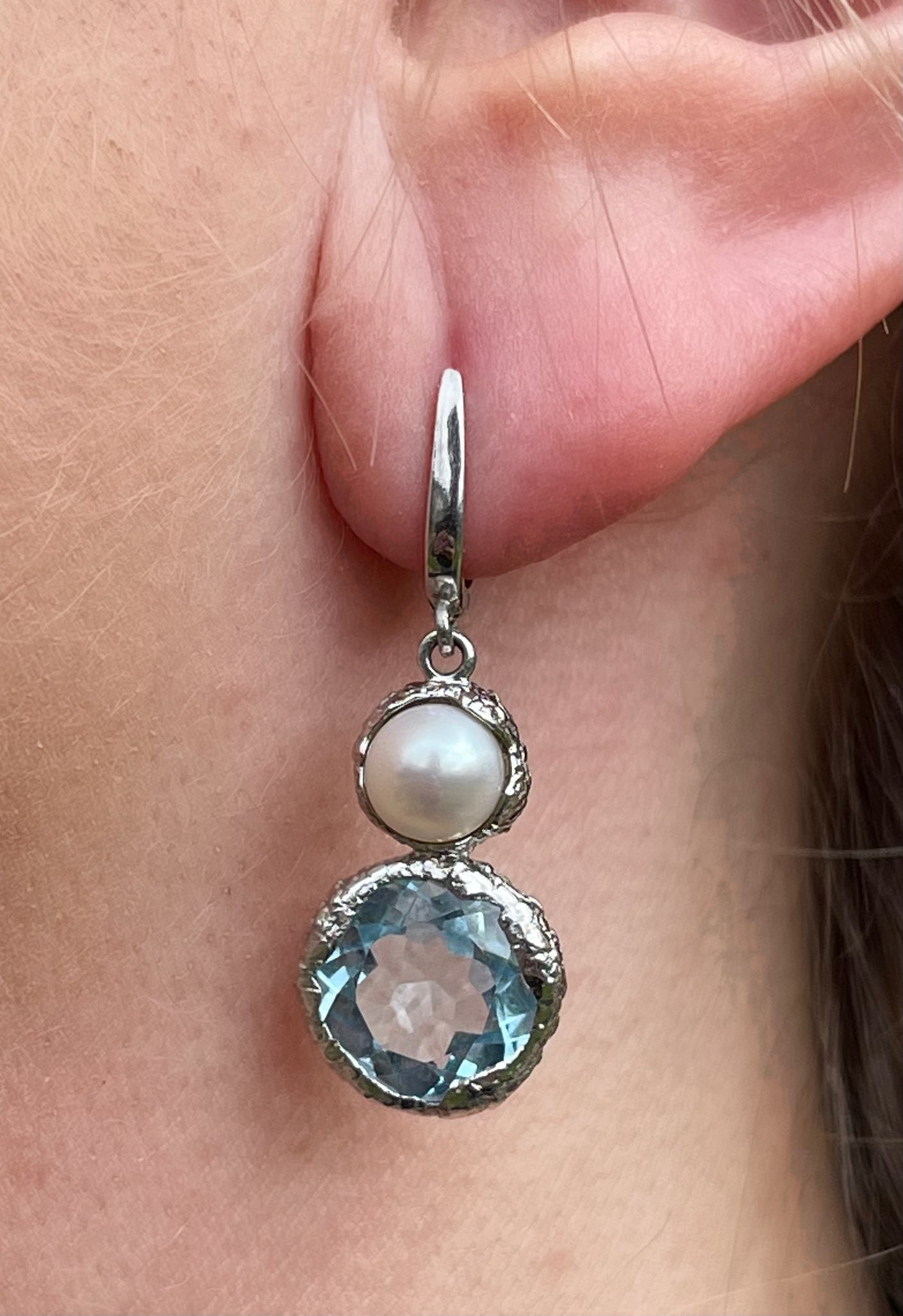 Pearl and Blue Topaz Drop Earrings