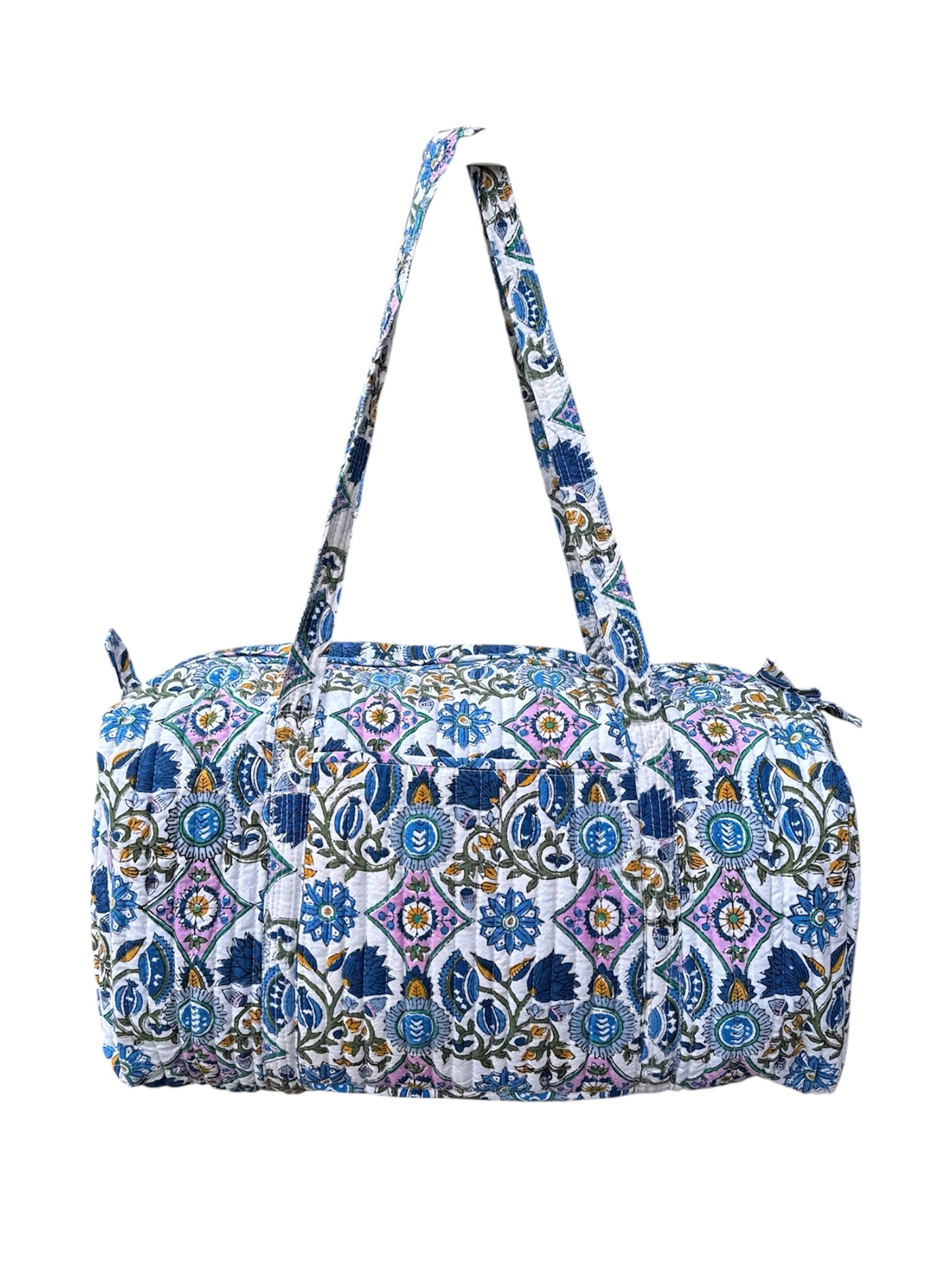 Patterned duffel bag on a white background