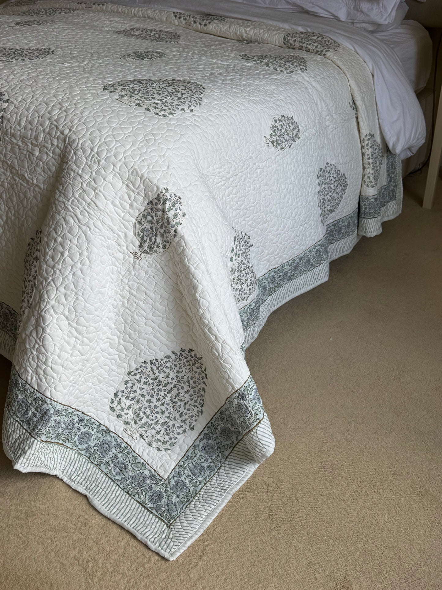 Hand block-printed king size bedspread in blue shrub print, 100% cotton
