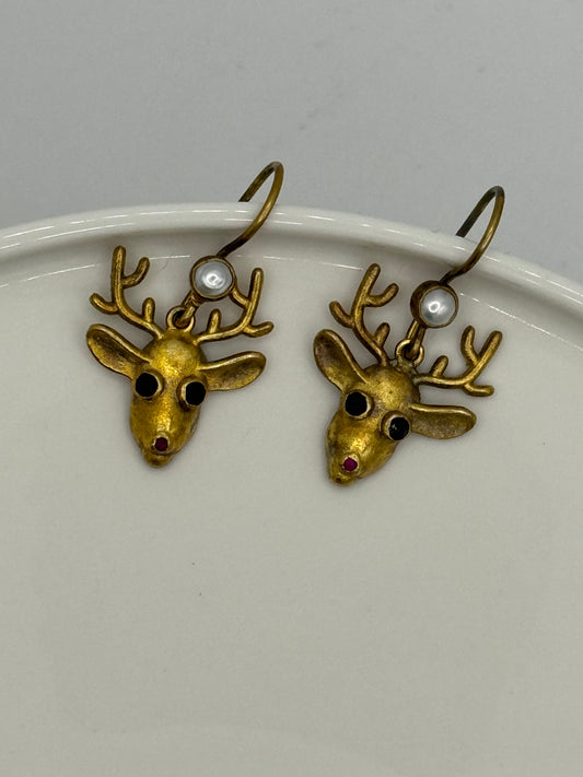 Pearl and Pink Stone Reindeer Earrings
