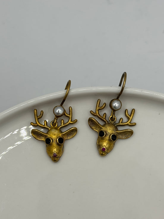 Pearl and Pink Stone Reindeer Earrings