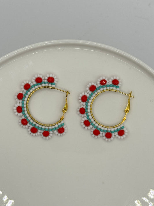 Flower Beaded Hoop Earrings