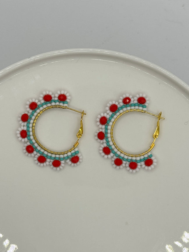 Flower Beaded Hoop Earrings
