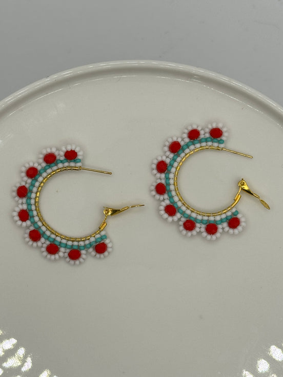 Flower Beaded Hoop Earrings