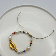 Gold Tone Shell & Pearl Beaded Adjustable Bracelet
