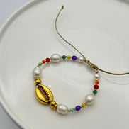 Gold Tone Shell & Pearl Beaded Adjustable Bracelet