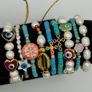 Gold Tone Shell & Pearl Beaded Adjustable Bracelet