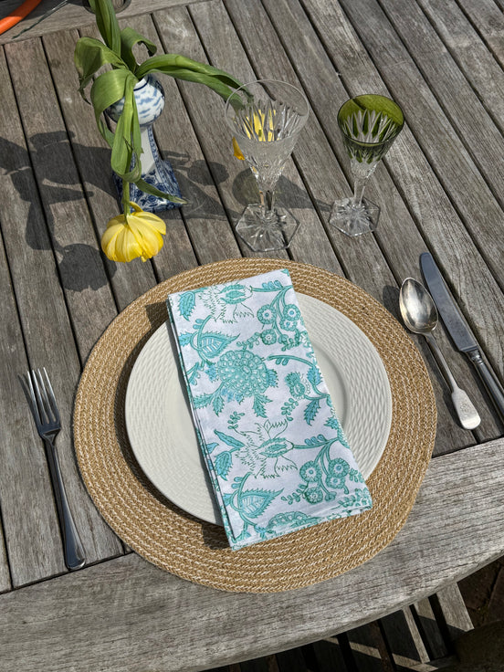 Turquoise Fauna Block Print Napkins - Set of 4