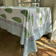 Pink & Green Cypress Tree Hand Block Printed Tablecloth