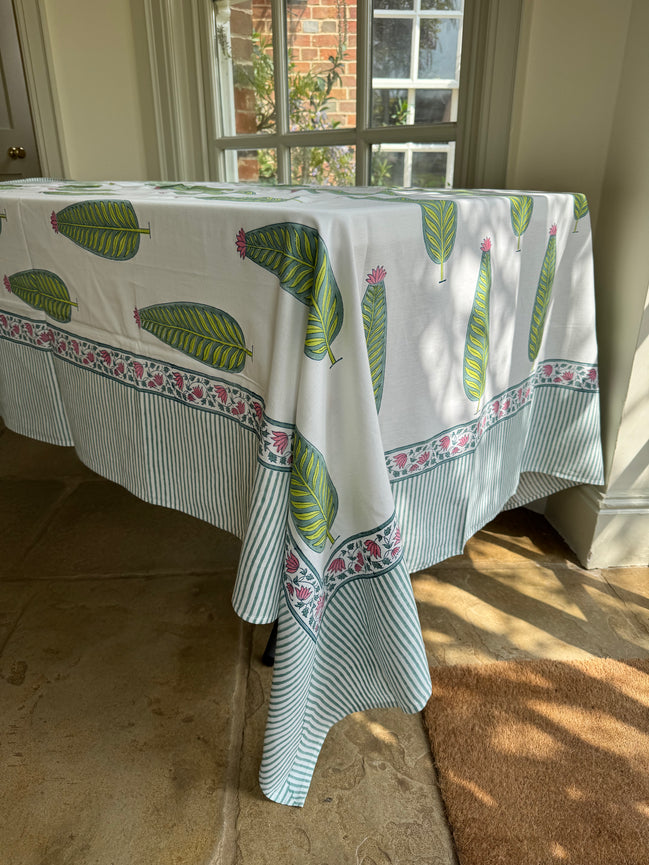 Pink & Green Cypress Tree Hand Block Printed Tablecloth