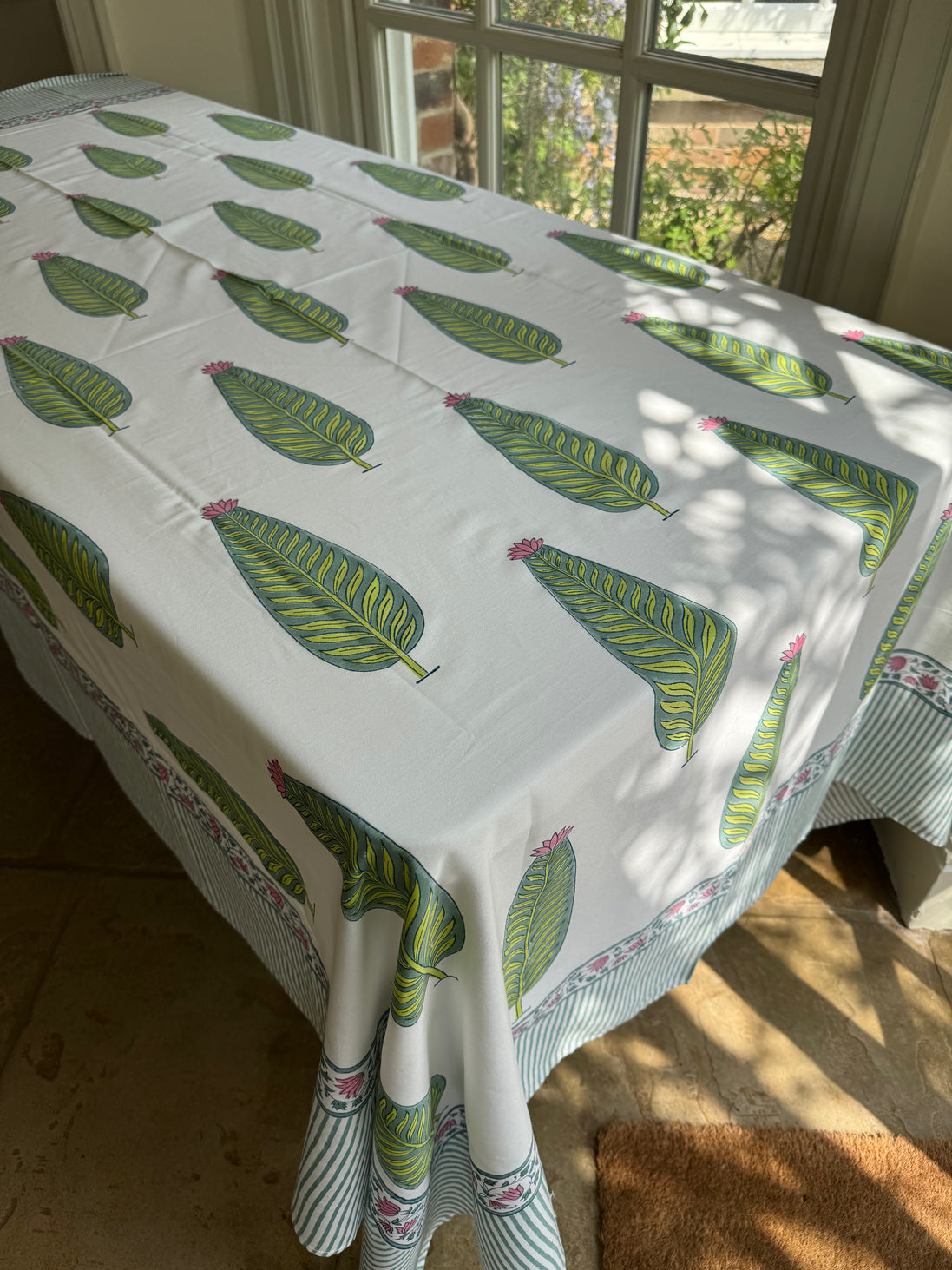 Pink & Green Cypress Tree Hand Block Printed Tablecloth
