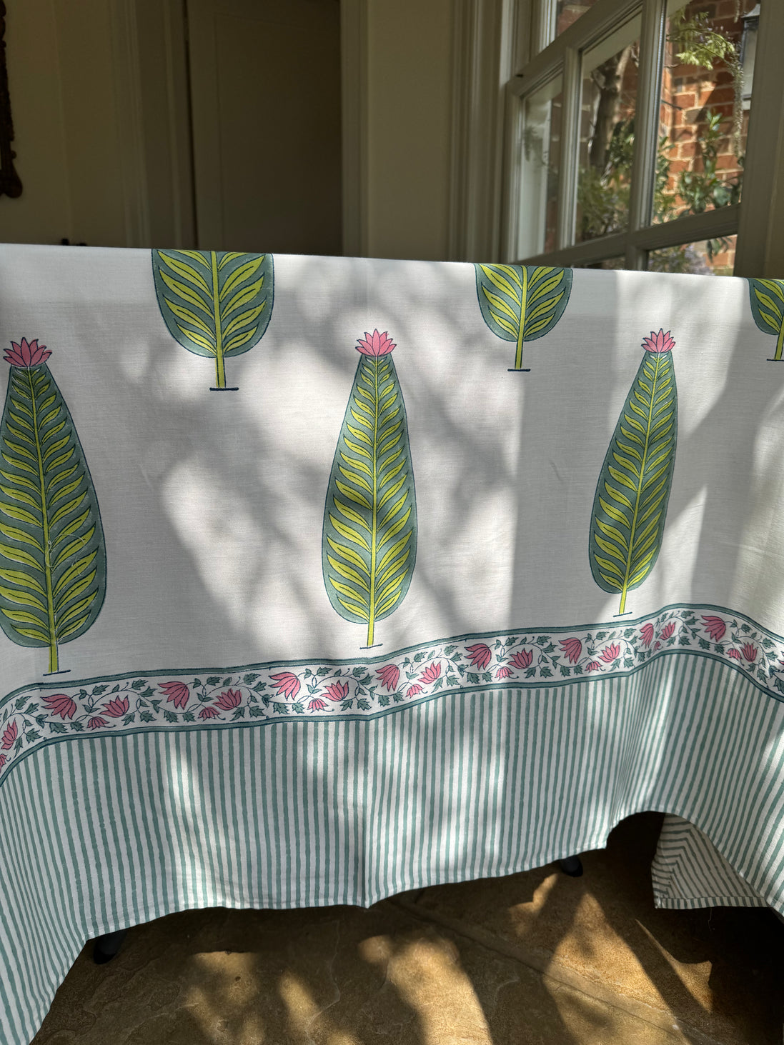 Pink & Green Cypress Tree Hand Block Printed Tablecloth