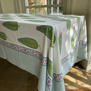 Pink & Green Cypress Tree Hand Block Printed Tablecloth