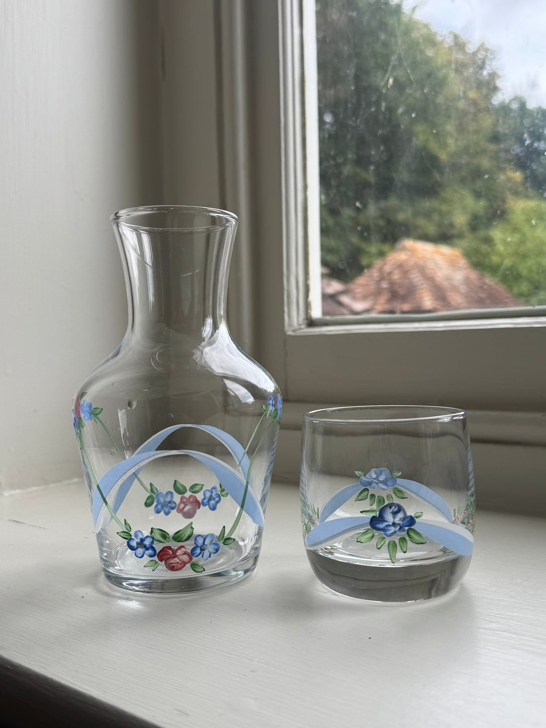 Hand Painted Blue & Pink Roses Carafe