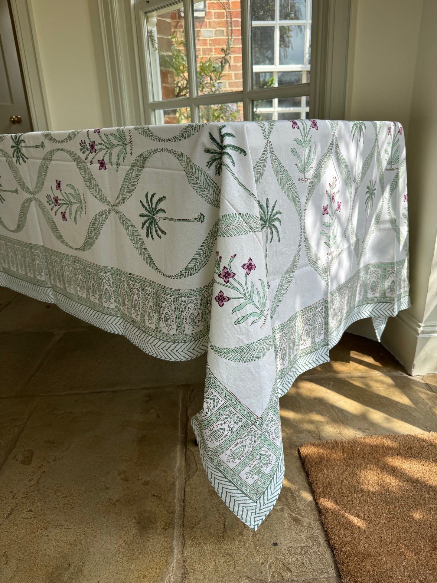 Green Palm Tree & Foliage Hand Block Printed Tablecloth