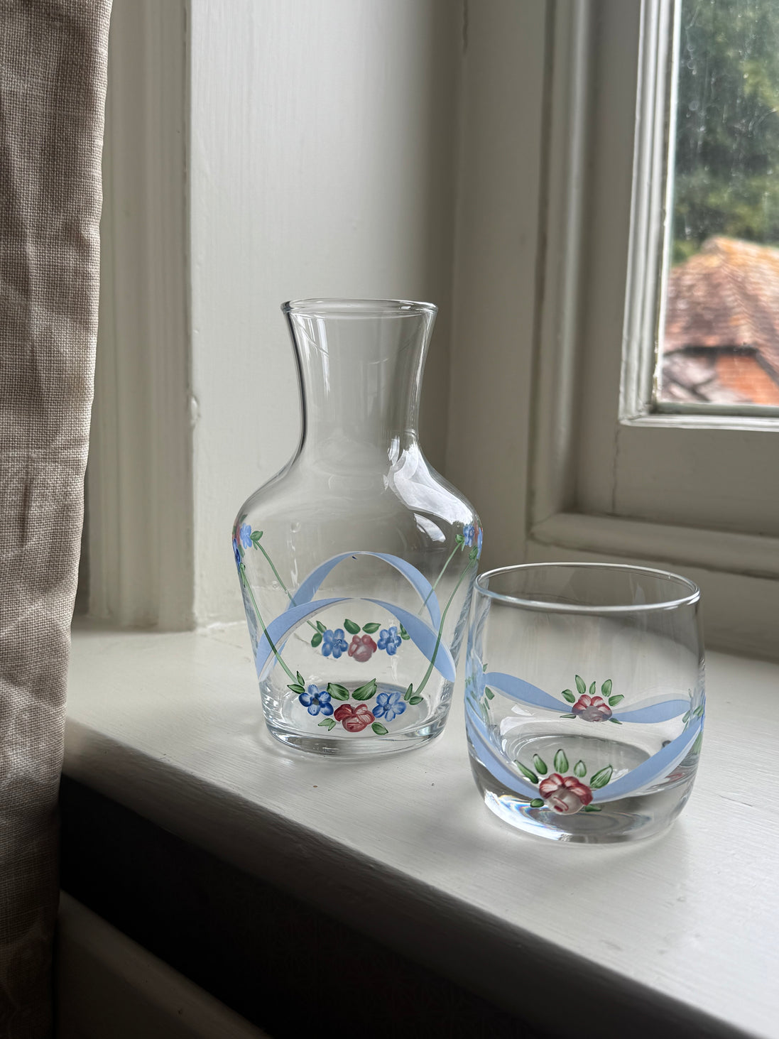 Hand Painted Blue & Pink Roses Carafe