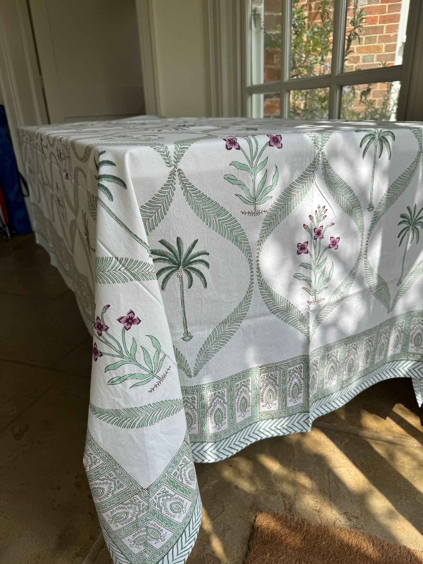 Green Palm Tree & Foliage Hand Block Printed Tablecloth