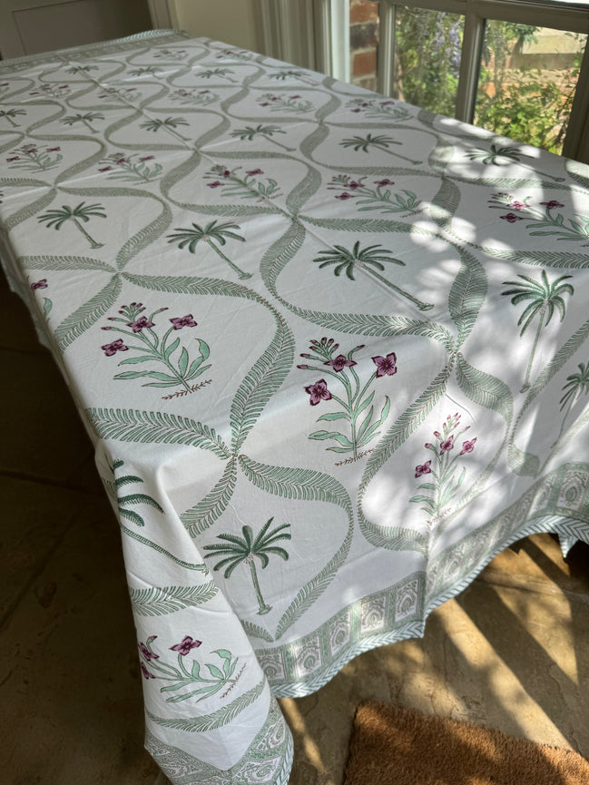 Green Palm Tree & Foliage Hand Block Printed Tablecloth
