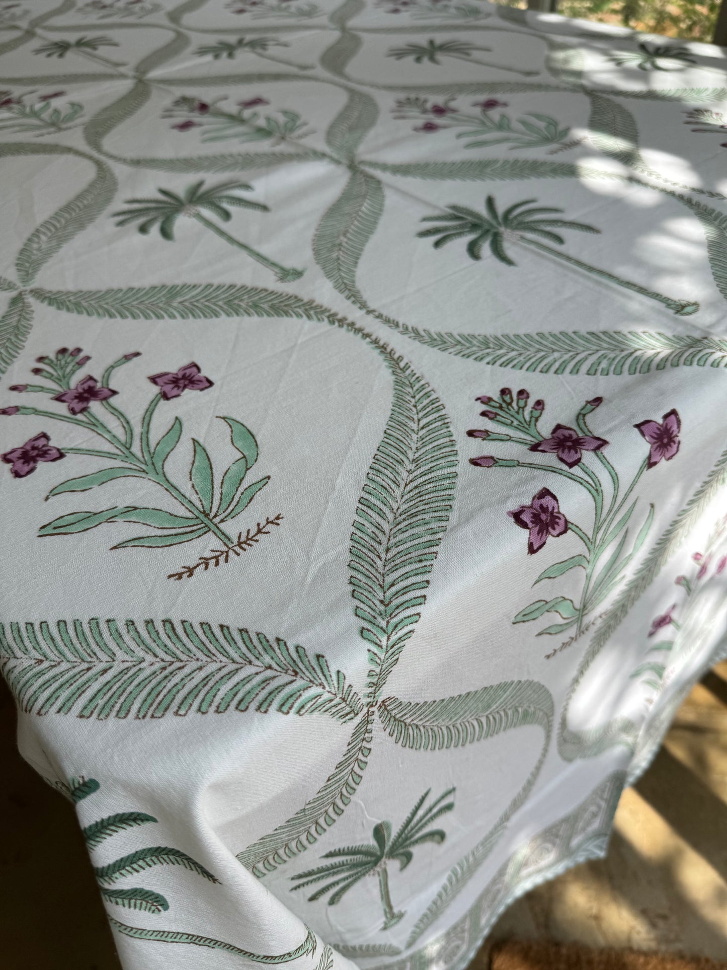 Green Palm Tree & Foliage Hand Block Printed Tablecloth
