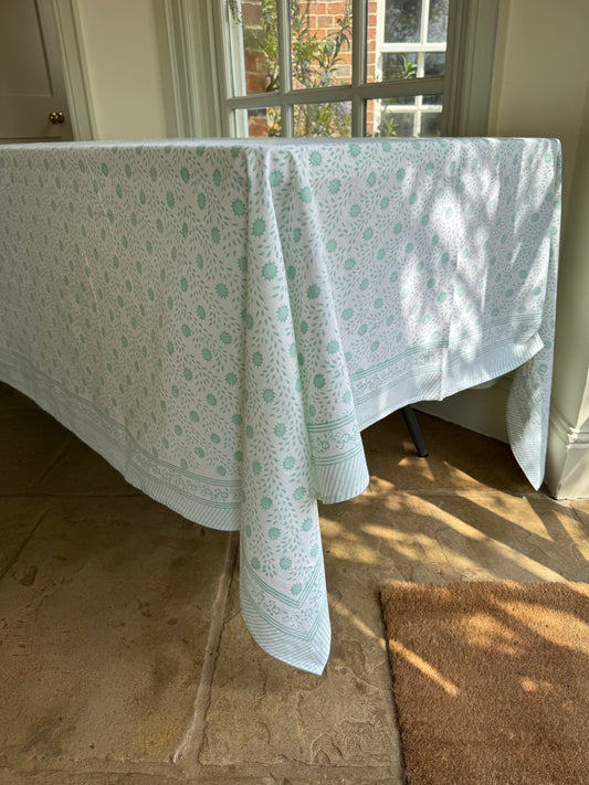 Green Trellis Hand Block Printed Tablecloth