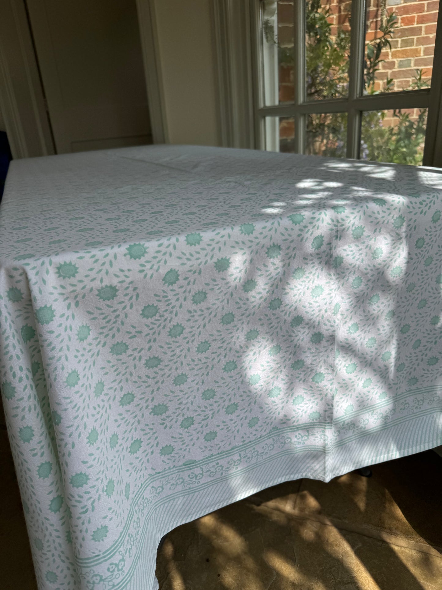 Green Trellis Hand Block Printed Tablecloth
