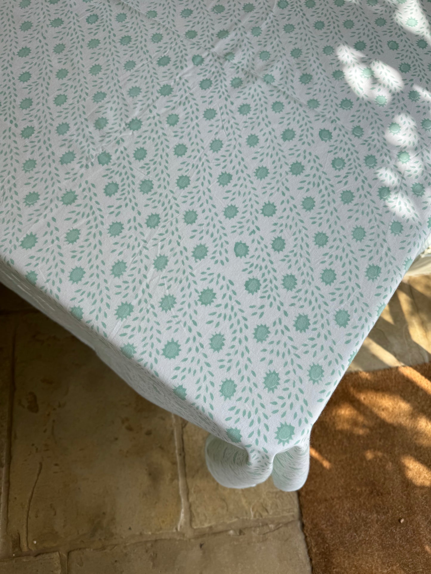 Green Trellis Hand Block Printed Tablecloth