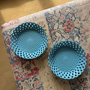 Victorian Blue Milk Glass Basketweave Pair of Bowls