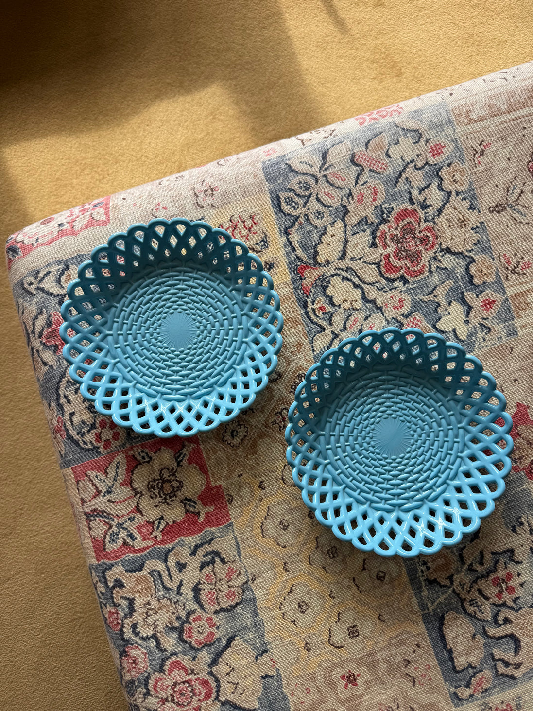 Victorian Blue Milk Glass Basketweave Pair of Bowls