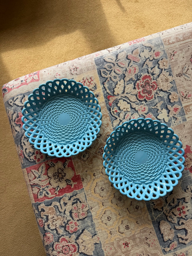 Victorian Blue Milk Glass Basketweave Pair of Bowls