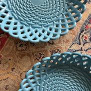 Victorian Blue Milk Glass Basketweave Pair of Bowls