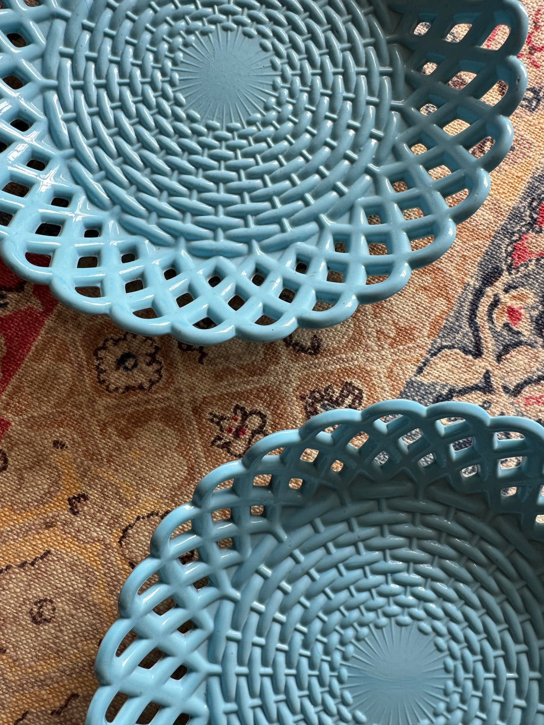 Victorian Blue Milk Glass Basketweave Pair of Bowls