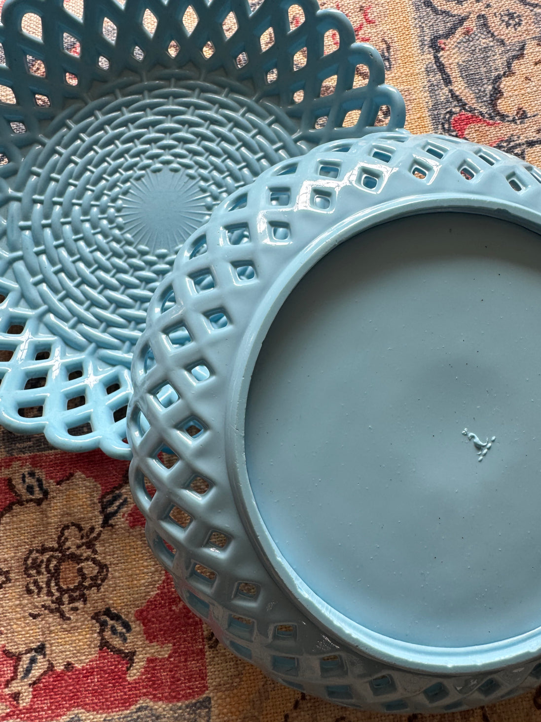Victorian Blue Milk Glass Basketweave Pair of Bowls