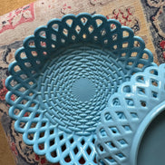 Victorian Blue Milk Glass Basketweave Pair of Bowls