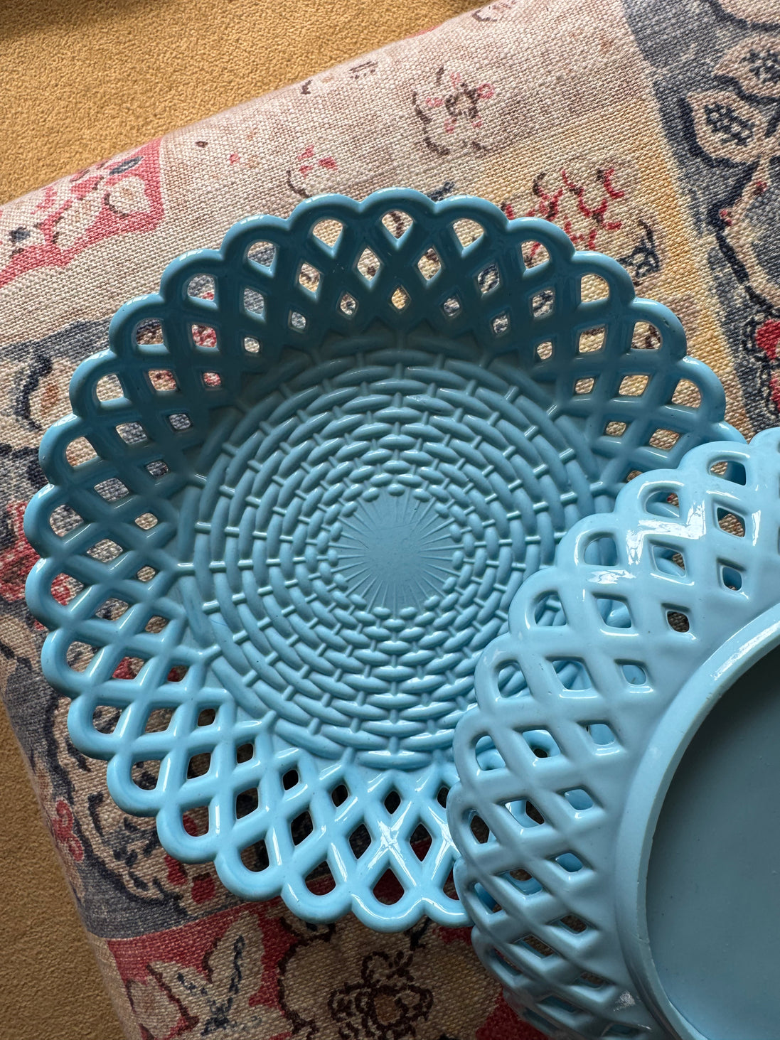 Victorian Blue Milk Glass Basketweave Pair of Bowls