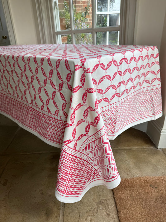 Pink Connecting Leaves Hand Block Printed Tablecloth